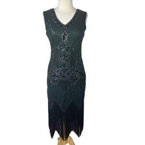 Vijiv Perfornance Dance Dress Sequins Fringe Flapper Green Size Medium New